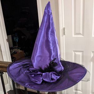Halloween Purple Satin Witches Hat w/Rosettes & Feathers - Black Net Veil -Fancy